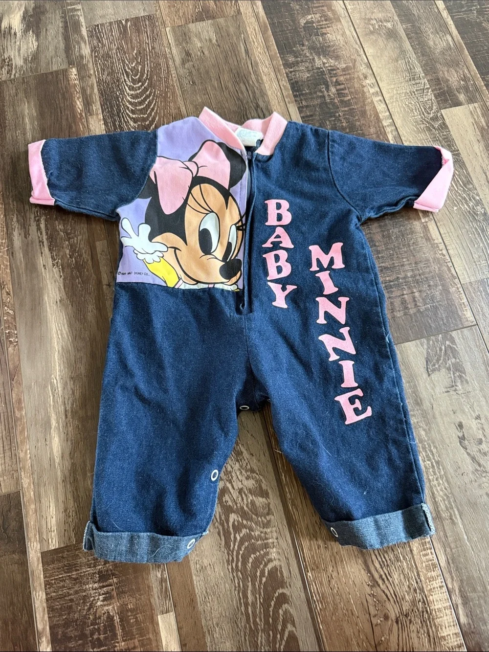 Vintage Disney Baby Pink and Navy Minnie Romper0-6 months
